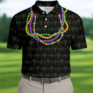 Mardi Gras Beads Chain Crawfish Fleur De Lis Black Golf Shirt, Polo ShirtFor Men, Golf Shirts For Men