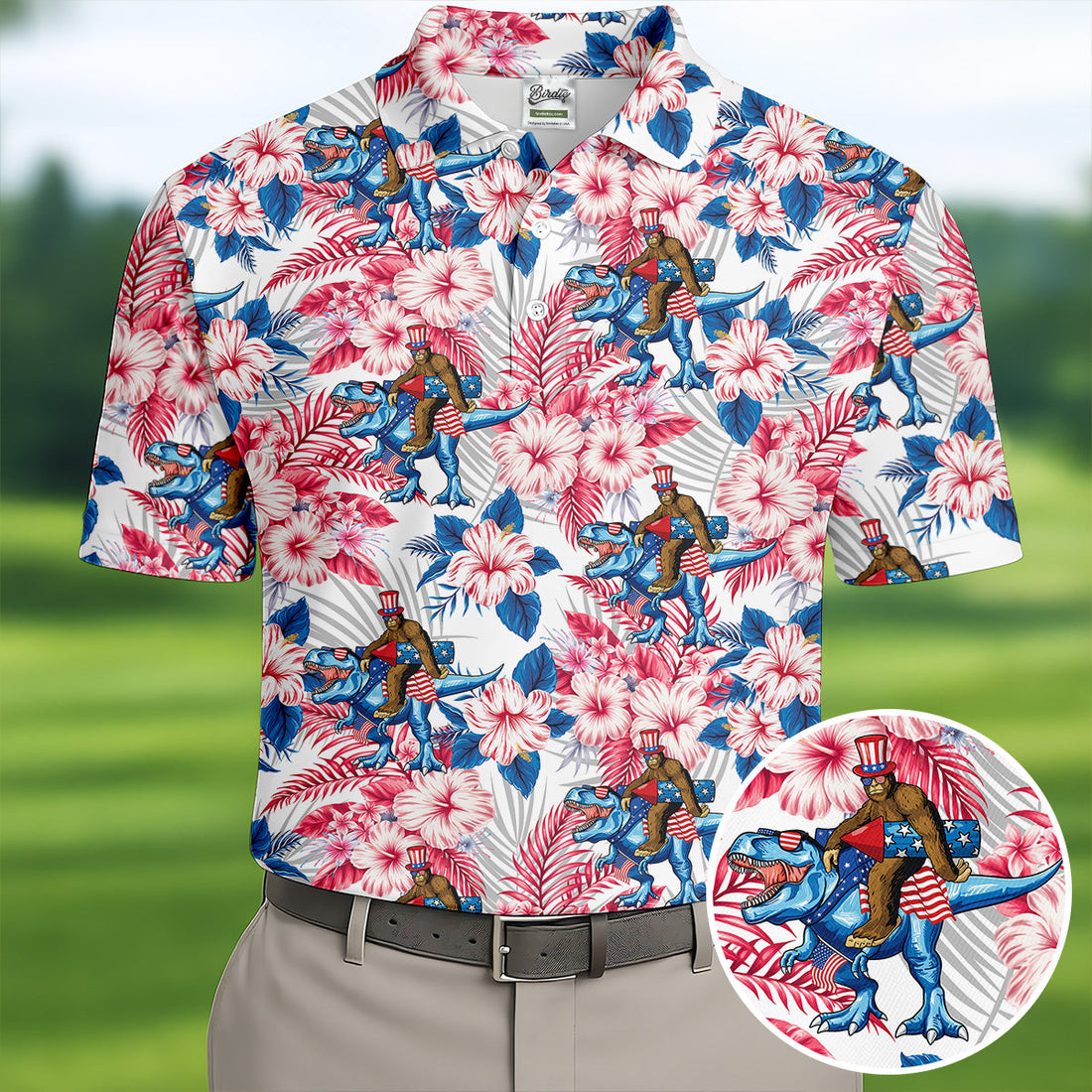 Patriotic T-Rex Bigfoot Hawaiian Floral Golf Shirt, 250 Years 4th Of July Golf Shirts For Men