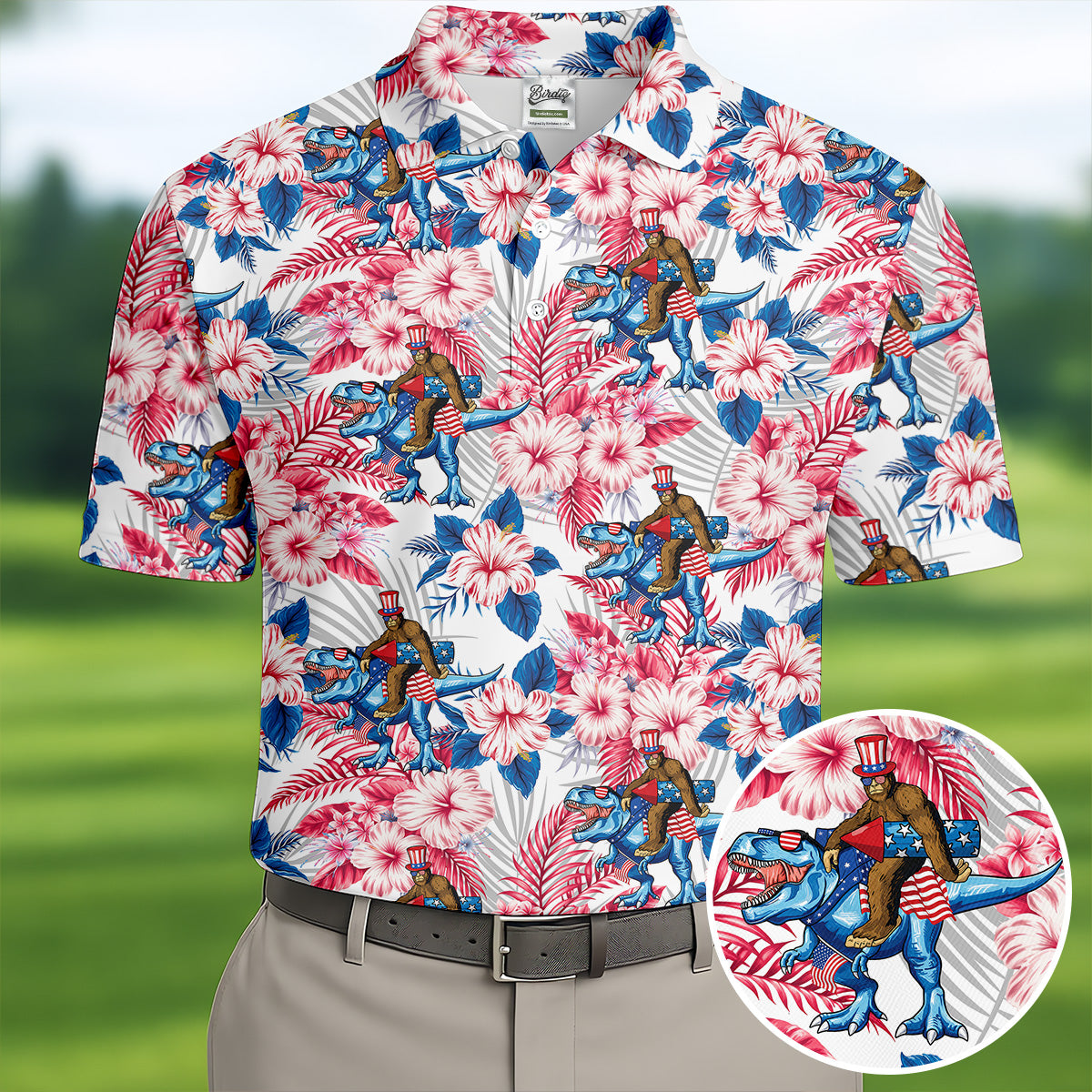 Patriotic T-Rex Bigfoot Hawaiian Floral Golf Shirt, 250 Years 4th Of July Golf Shirts For Men