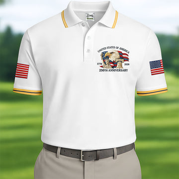 Bald Eagle American Flag 250 Years White Golf Shirt, Patriotic 4th Of July Golf Shirts For Men