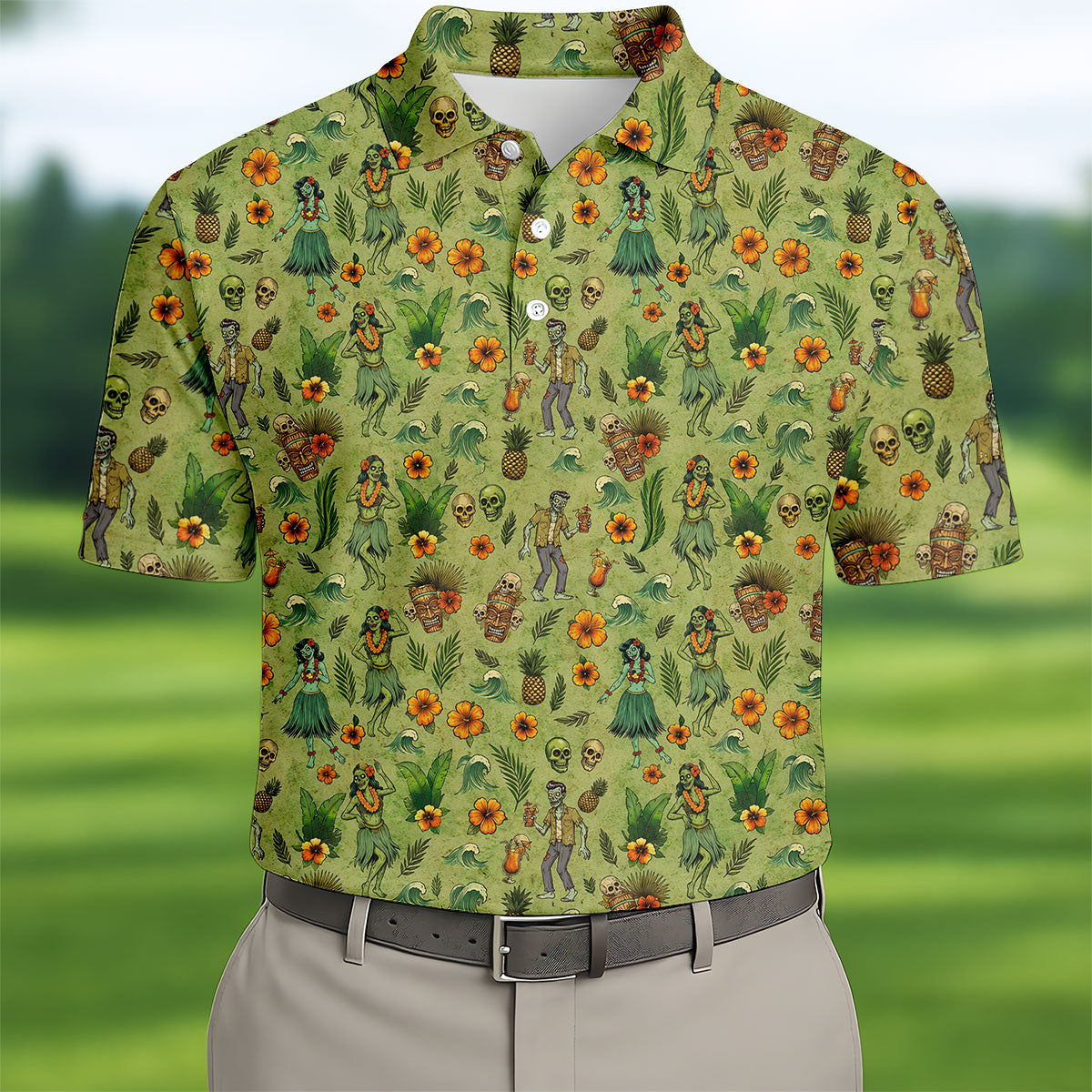 Tiki Zombie Hawaiian Golf Shirt, Hula Dancer Skull Pattern, Polo Shirts For Men