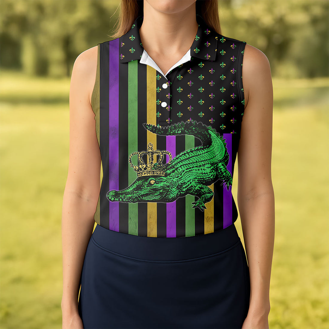 Mardi Gras Aligator Purple Green Gold Vertical Stripes Fleur De Lis Women's Golf Tops, Ladies Golf Shirt
