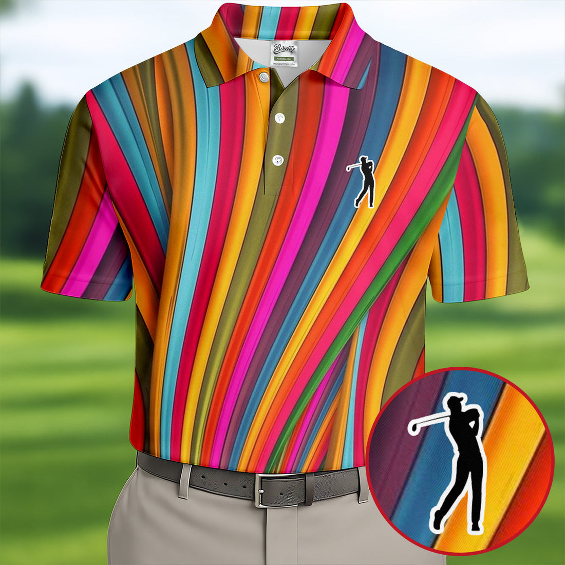 Rainbow Wave Golfer Silhouette Cinco De Mayo Celebration Fiesta Themed Golf Shirts For Men