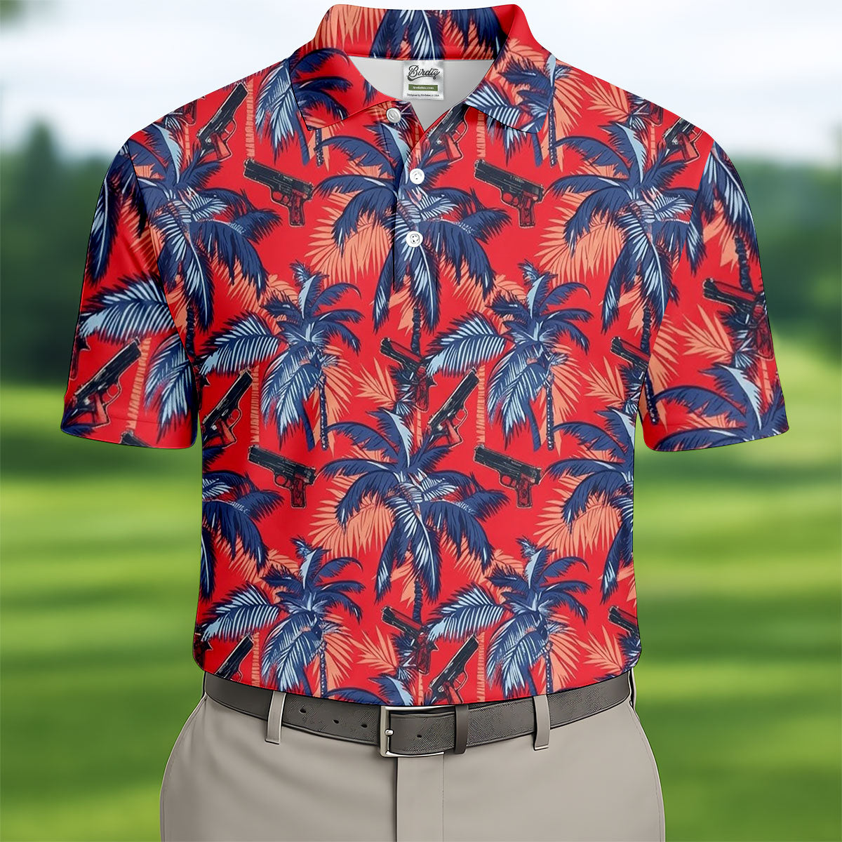 Hawaiian Palm Tree Military Theme Red Golf Shirt, Golf Shirts For Men, Polo ShirtFor Men