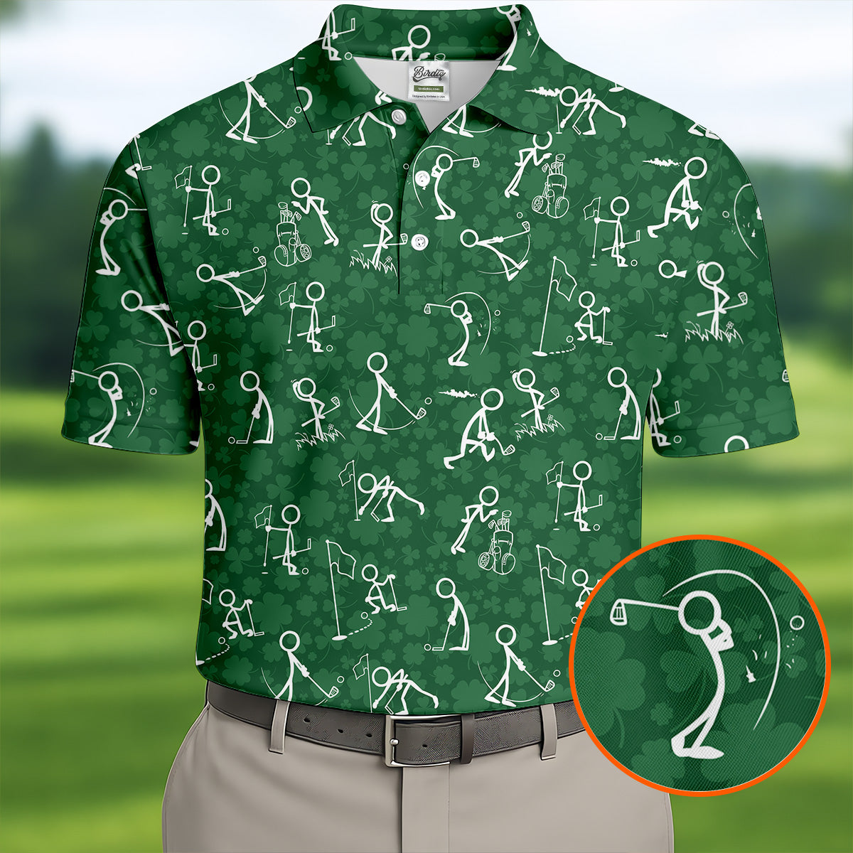 Stick Figure Golf Pose Shamrock Golf Shirt, St Patrick's Day Golf Tops For Men, Polo ShirtFor Men