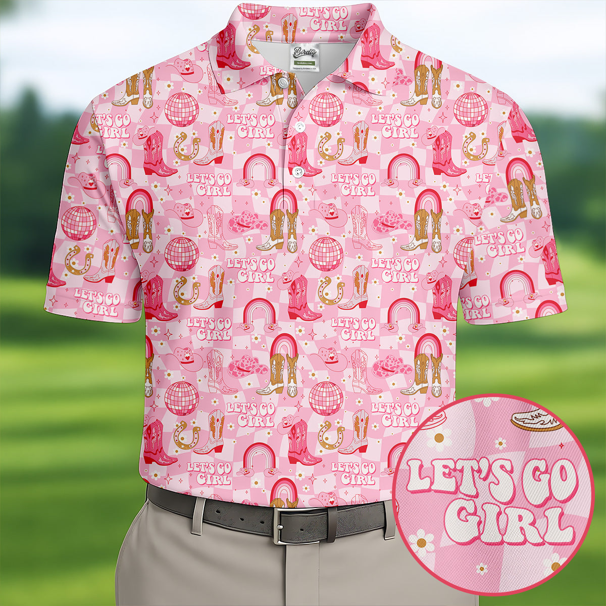 Let's Go Girl Pink Checkered Western Cowgirl Golf Tops For Men, Polo Shirtor Men, Golf Shirts For Men