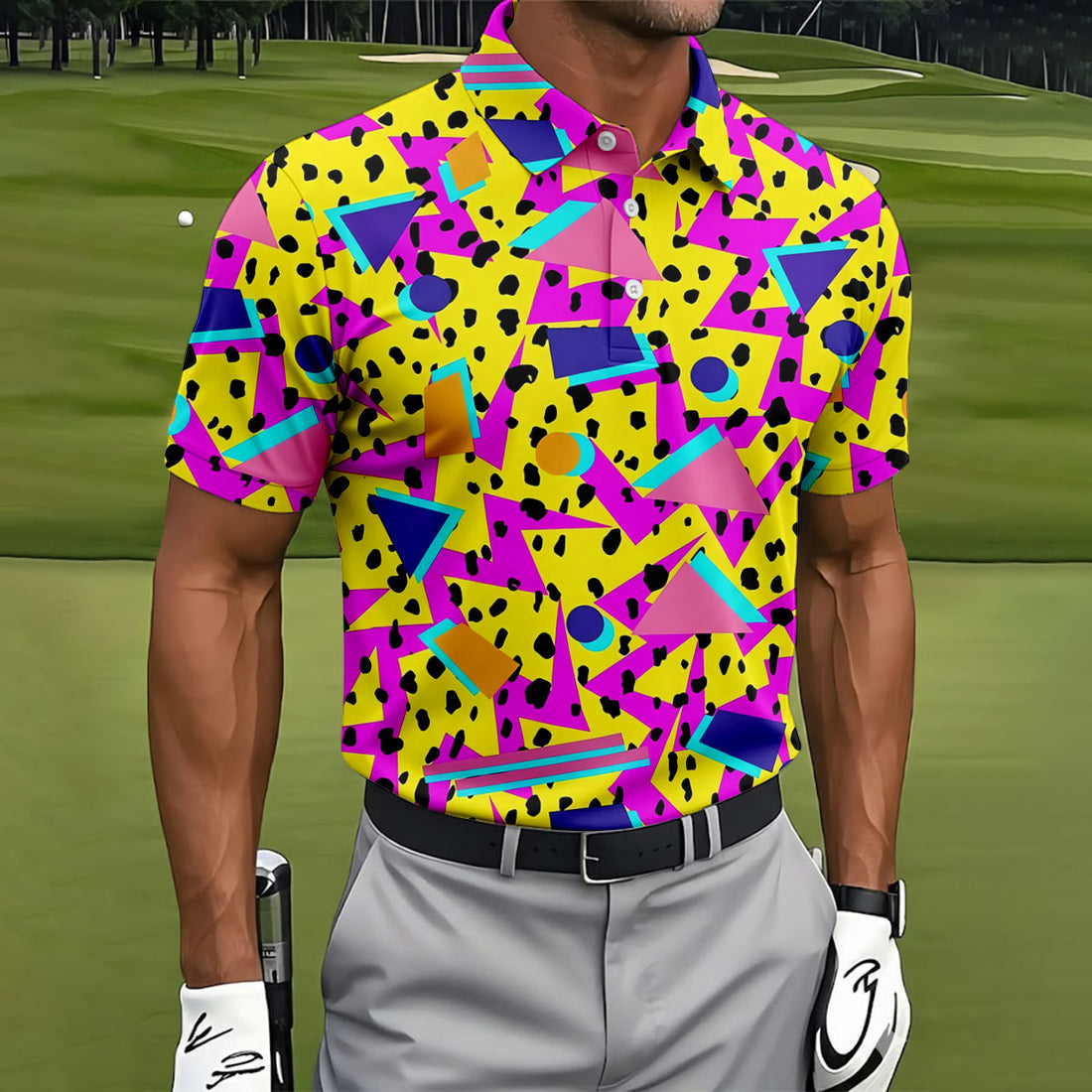 Retro Neon Geometric Shapes Yellow Golf Shirt, Golf Shirts For Men, Mens Golf Apparel, Polo Shirts For Men