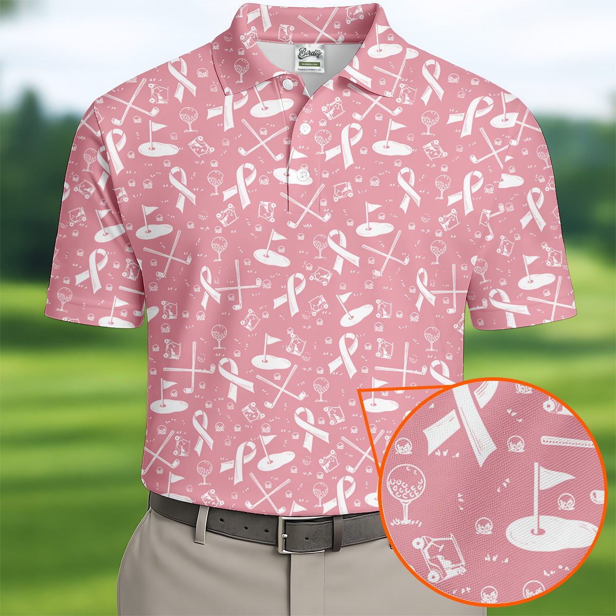 Awareness Ribbon Light Pink And White Golf Shirt, Cancer Awareness Shirt, Polo ShirtFor Men