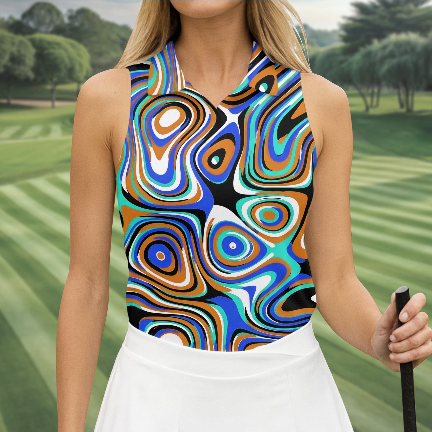 Blue And Orange Fluid Art Cool Golf Shirt, Women's Golf Tops, Ladies Golf Shirts, Women's Polo Shirt