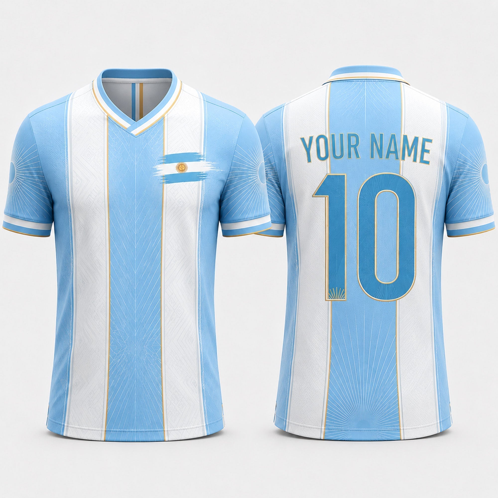 Argentinian Flag Sun Fooball Shirt, White Blue Stripes V-Neck For Men, Football Gifts