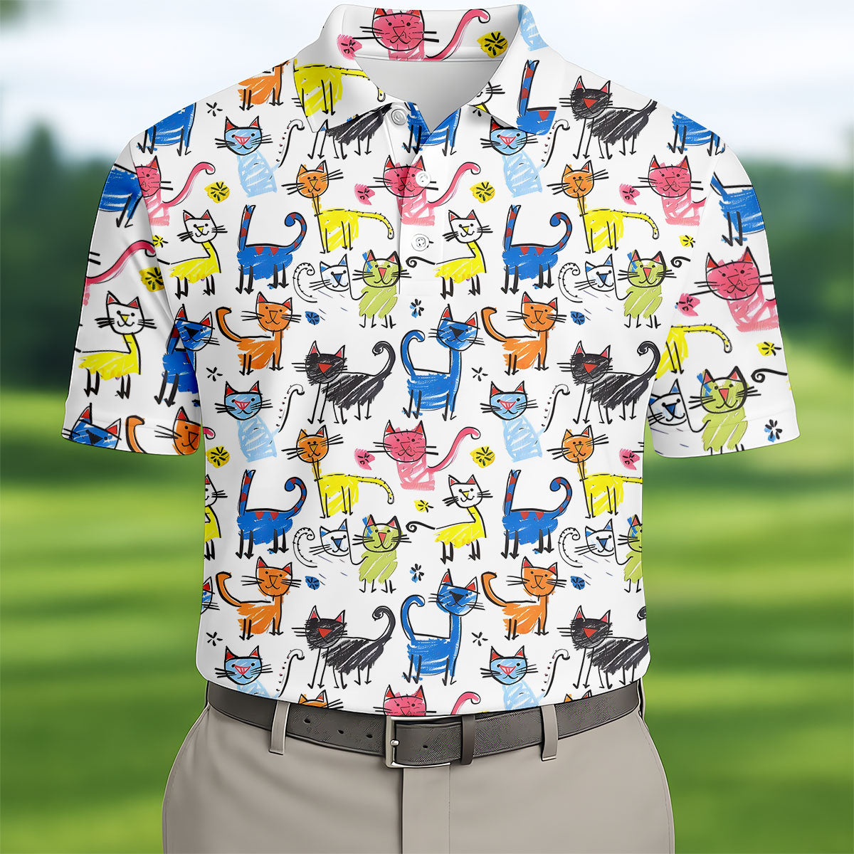 Cartoon Cat Golf Shirt, Colorful Doodle Cat Pattern, Polo Shirts For Men