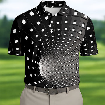 3D Vortex Golf Shirt, Black White Optical Illusion Tunnel Pattern, Golf Shirt For Men