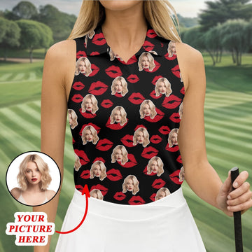 Kiss Lipstick Mark Custom Photo Women Golf Top, Valentines Golf Gift, Ladies Golf Polos