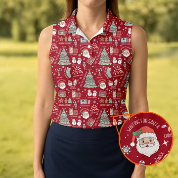Cute Santa Claus Gift Red Women's Golf Tops, Christmas Golf Shirt, Golf Gift For Ladies