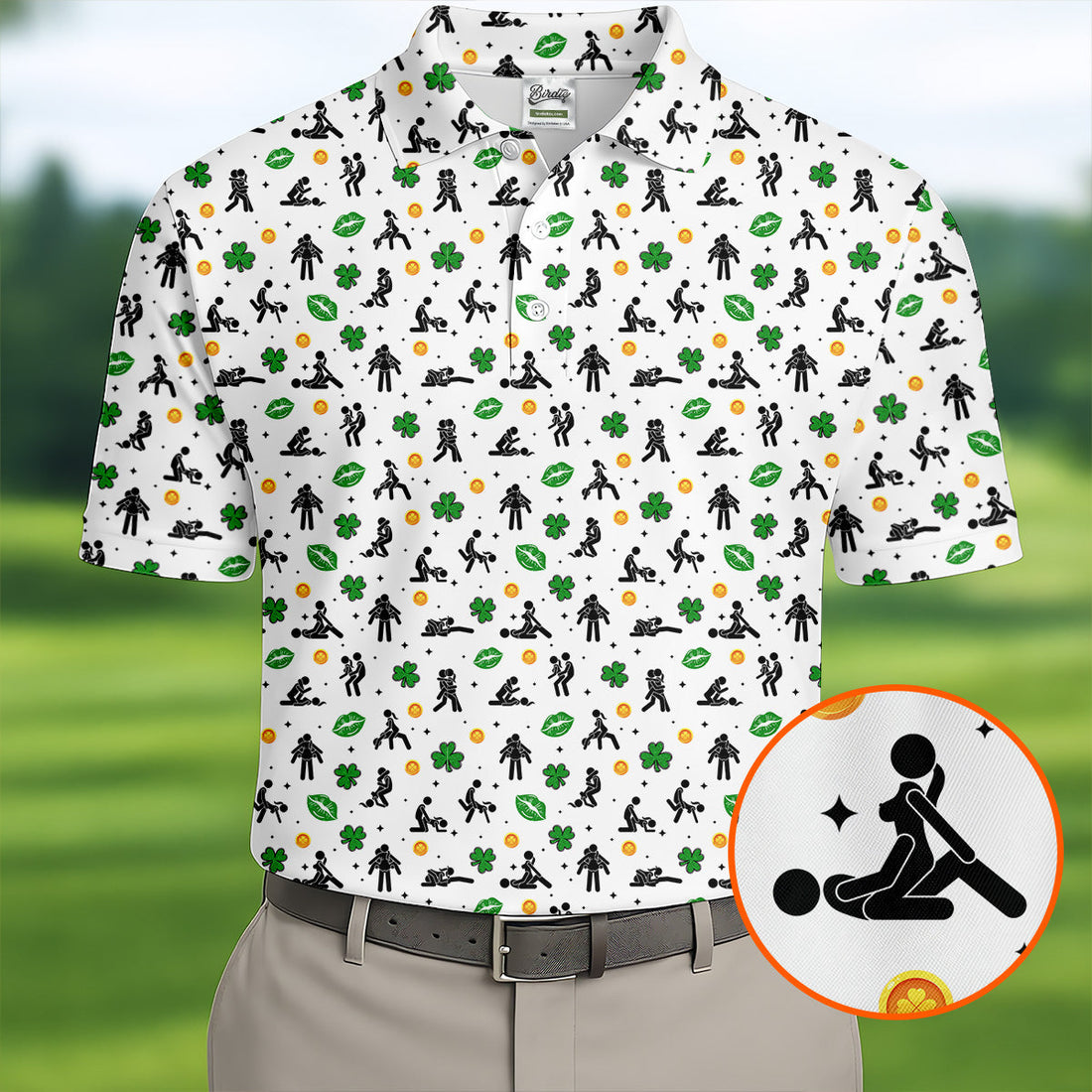 Funny Stick Figure Naughty Position Shamrock St Patrick's Day Golf Shirt, Performance Golf Shirt, Polo ShirtFor Men