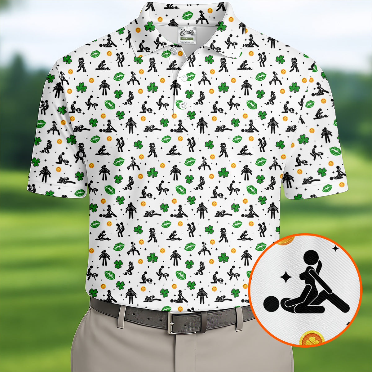 Funny Stick Figure Naughty Position Shamrock St Patrick's Day Golf Shirt, Performance Golf Shirt, Polo ShirtFor Men