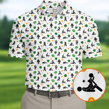 Funny Stick Figure Naughty Position Shamrock St Patrick's Day Golf Shirt, Performance Golf Shirt, Polo ShirtFor Men