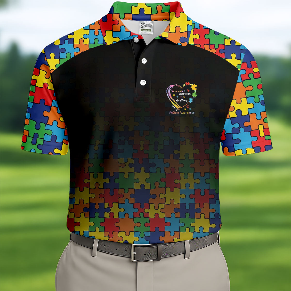 In A World Where You Can Be Anything Be Kind Autism Awareness Puzzle Pattern Black Fade Men's Golf Shirt