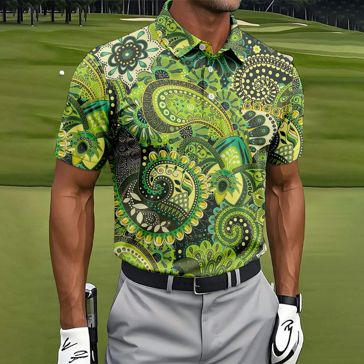 Paisley Print Green Golf Shirt, Golf Tops For Men, Polo ShirtFor Men, Golf Shirts For Men