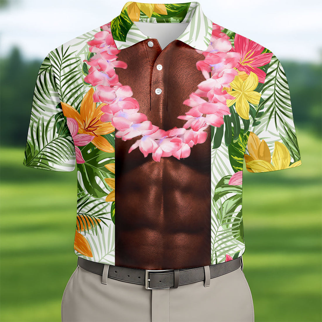 Dark Skin Tropical Muscle Chest Hawaiian Golf Polo Shirt, Polo Shirts For Men, Mens Golf Apparel