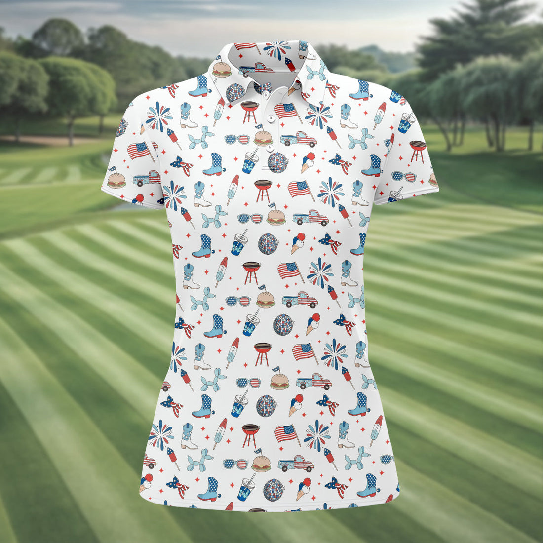 Red White and Blue Womens Golf Polo ShirtPatriotic Golf Shirt, USA Golf Shirt, Custom Ladies Golf Shirt
