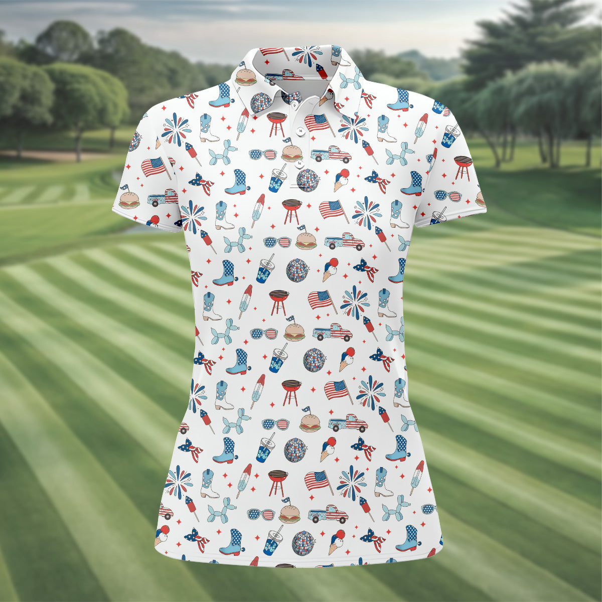 Red White and Blue Womens Golf Polo ShirtPatriotic Golf Shirt, USA Golf Shirt, Custom Ladies Golf Shirt
