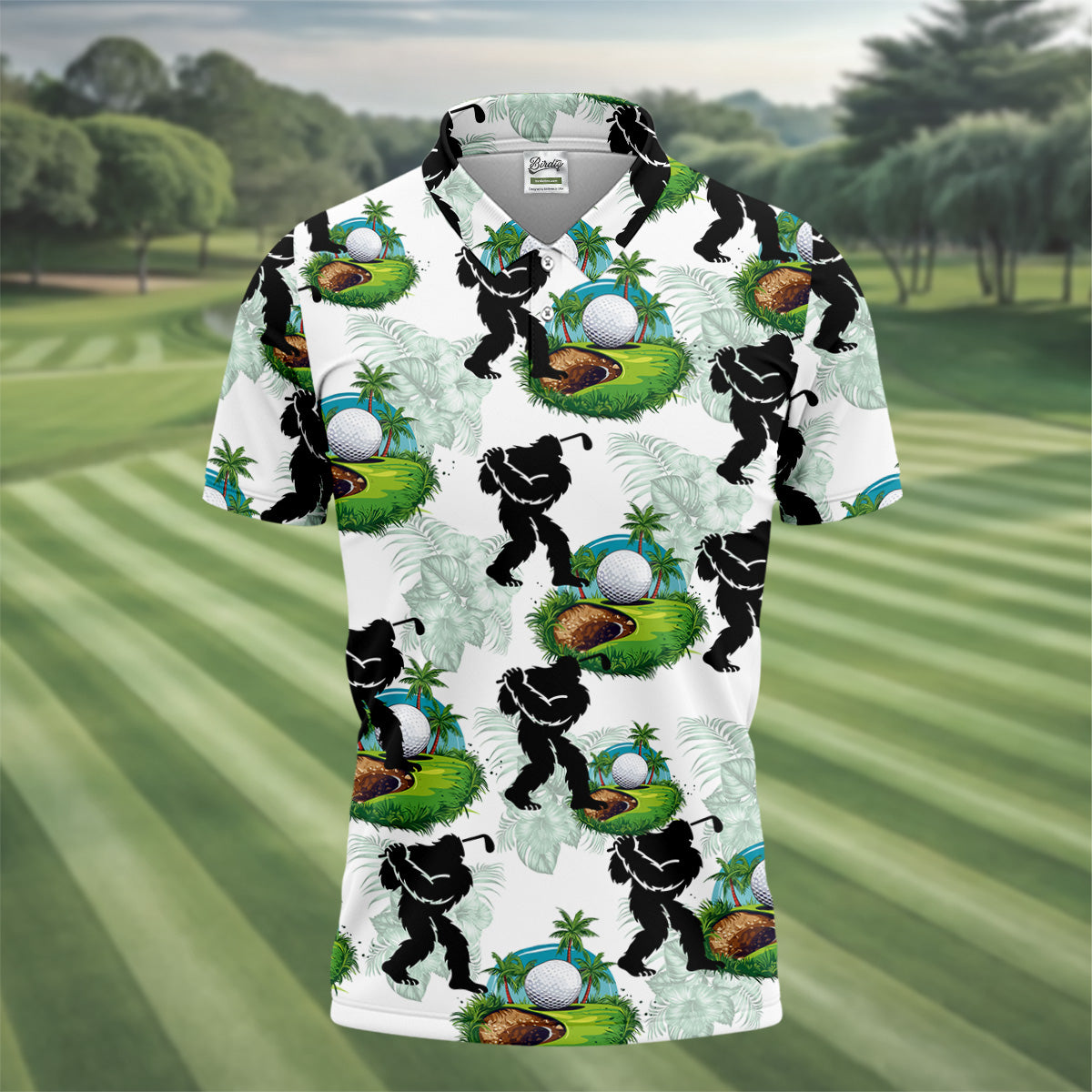 Tropical Golf Cart Bigfoot Golf Shirt, Funny Bigfoot Mens Golf Polo Shirt Cool Golf Gifts, Golfing Apparel