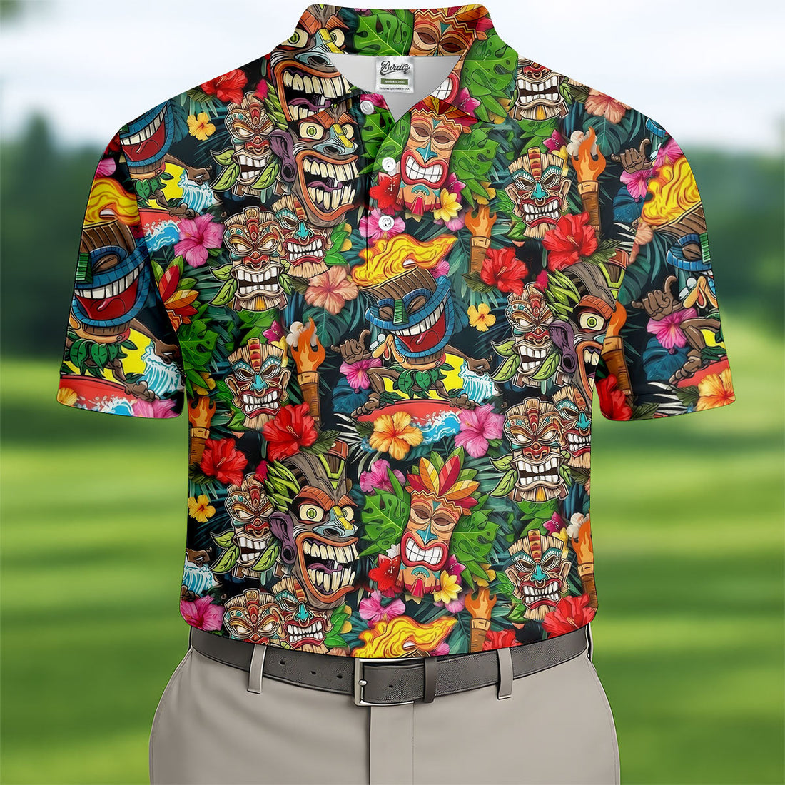 Hawaiian Tiki Tropical Floral Golf Shirts For Men, Polo ShirtFor Men, Golfing Apparel