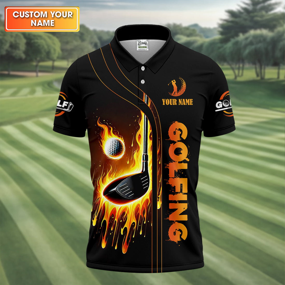 Fire Golf Ball Custom Men's Golf Polo ShirtFunny Golf Shirt, Dad Golf Gifts