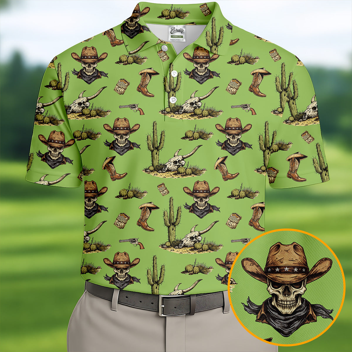 Cowboy Skeleton Longhorn Cow Skull Western Theme Sage Green Golf Tops For Men, Golf Shirts For Men