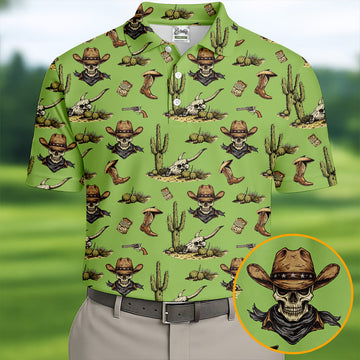 Cowboy Skeleton Longhorn Cow Skull Western Theme Sage Green Golf Tops For Men, Golf Shirts For Men