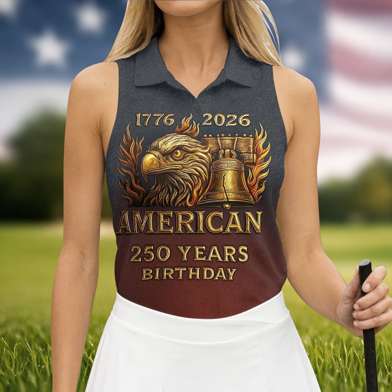 American 250 Years Birthday Navy And Maroon Women's Golf Tops, 250th Anniversary Ladies Golf Shirts