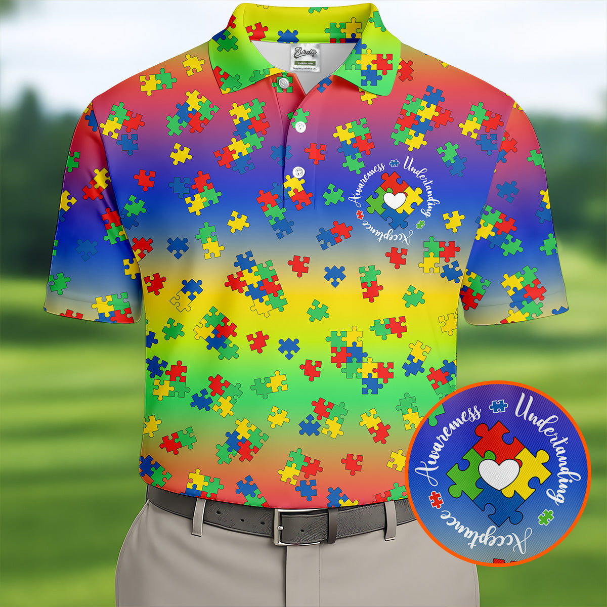 Acceptance Awareness Understanding Autism Puzzle Rainbow Gradient Golf Tops For Men, Golf Shirts For Men