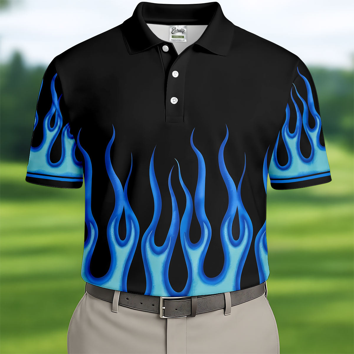 Black Blue Flame Sleeve Golf Shirt, Men's Golf Shirt, Golf Apparel For Men