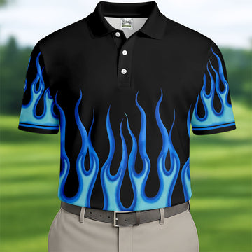 Black Blue Flame Sleeve Golf Shirt, Men's Golf Shirt, Golf Apparel For Men