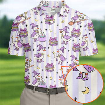 Halloween Witch Goose Purple Pastel Fun Golf Shirts For Men, Polo ShirtFor Men, Golfing Apparel