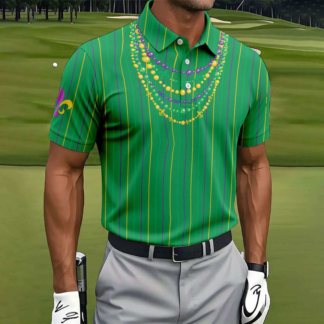 Mardi Gras Beads Necklaces Print Green Golf Shirt, Golf Tops For Men, Polo ShirtFor Men, Golf Shirts For Men