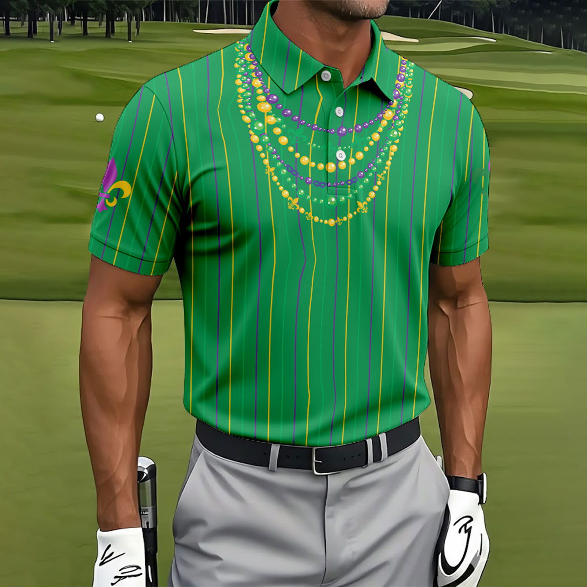 Mardi Gras Beads Necklaces Print Green Golf Shirt, Golf Tops For Men, Polo ShirtFor Men, Golf Shirts For Men