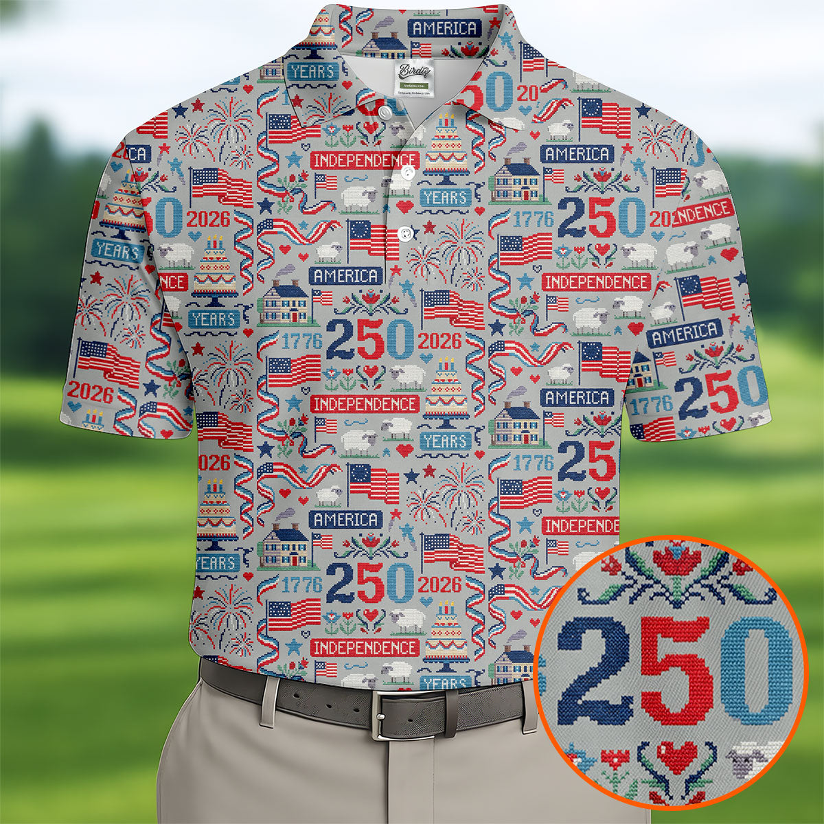 America Independence 250 Years Grey Golf Shirt, Patriotic 4th Of July Golf Shirts For Men