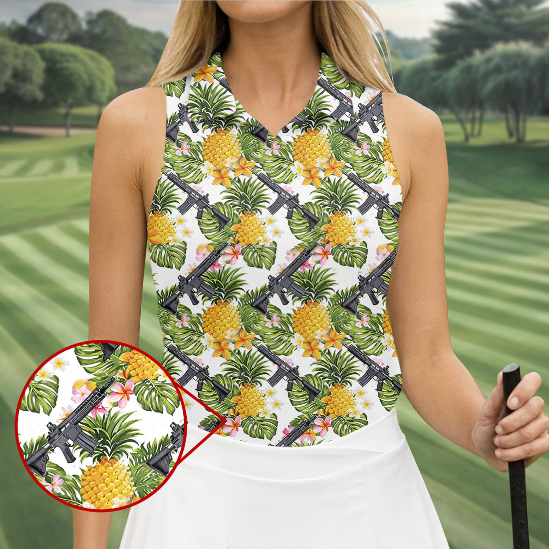 Tropical Pineapple Rifle Hawaiian Golf Shirt Pattern, Hawaiian Golf Shirt, Women’s Golf Apparel