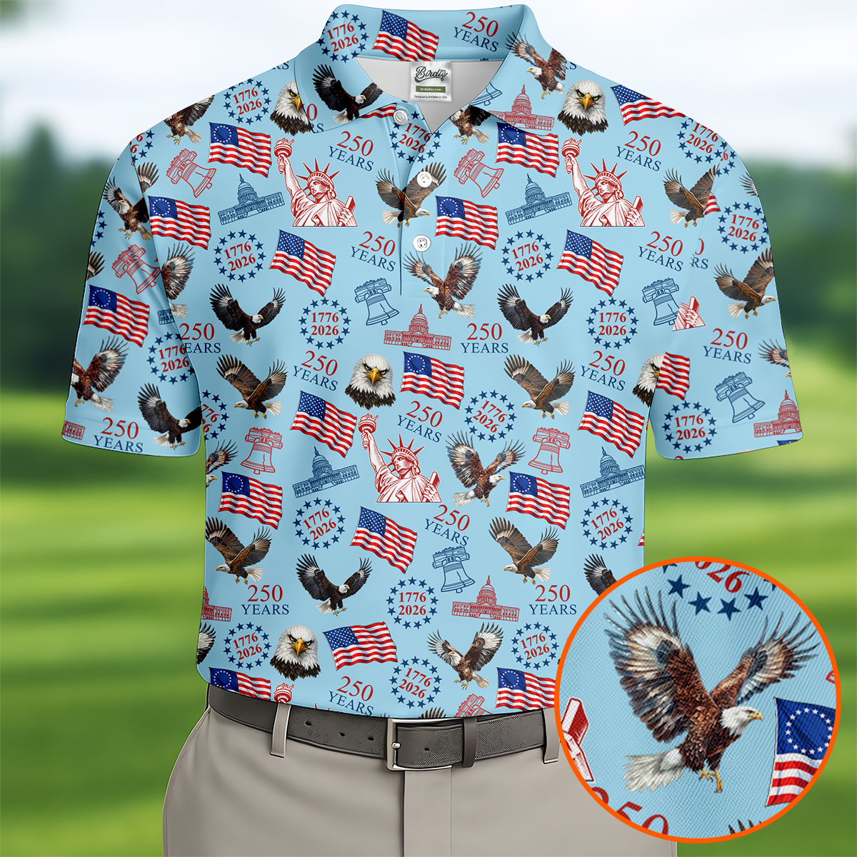 250 Years American Symbol Patriotic Pattern Blue Golf Shirt, 4th Of July Golf Shirt, Golf Shirts For Men
