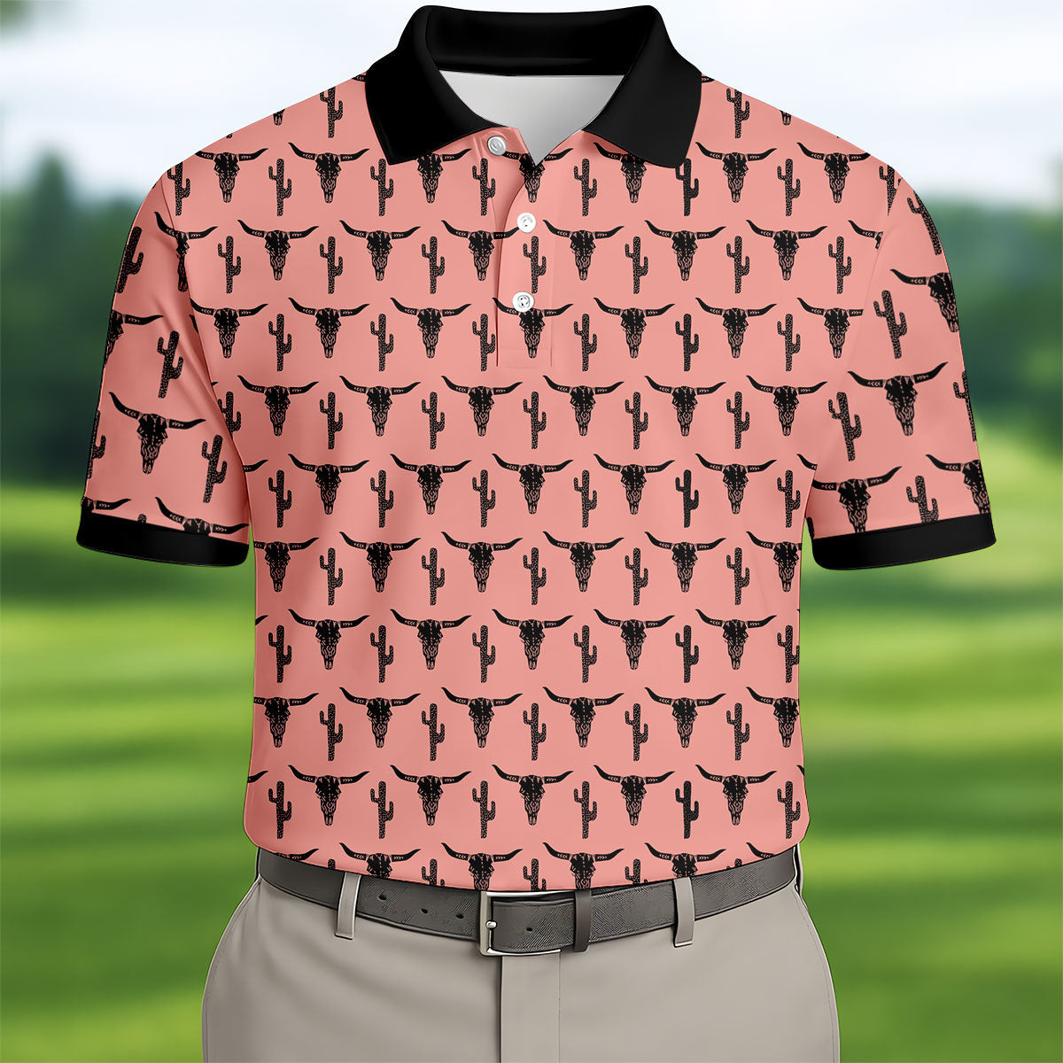 Longhorn Cow Skull Western Theme Peach Pink Golf Tops For Men, Polo Shirtor Men, Golf Shirts For Men