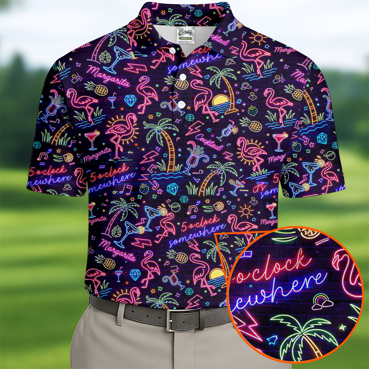 Tropical Theme Neon Pattern Black Golf Shirt, Men's Funny Golf Shirts, Polo ShirtFor Men