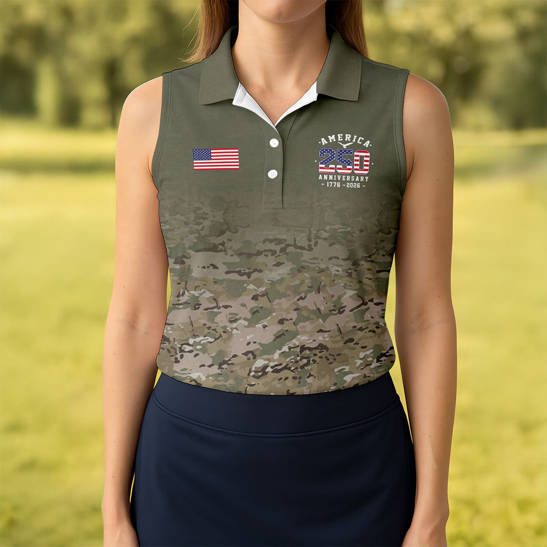 Custom America 250 Military Camo Golf Polo Shirt, Ladies Golf Shirts, Women's Golf Polo