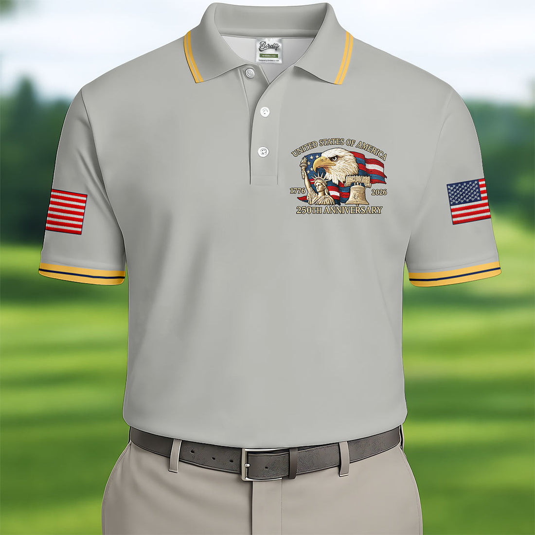 Bald Eagle American Flag 250 Years Grey Golf Shirt, Patriotic 4th Of July Golf Shirts For Men