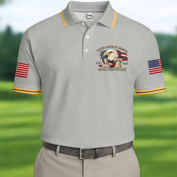 Bald Eagle American Flag 250 Years Grey Golf Shirt, Patriotic 4th Of July Golf Shirts For Men