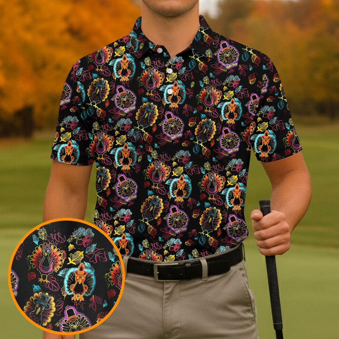 Neon Turkey Thanksgiving Golf Tops For Men, Polo Shirtor Men, Golf Gift For Men, Golfing Apparel