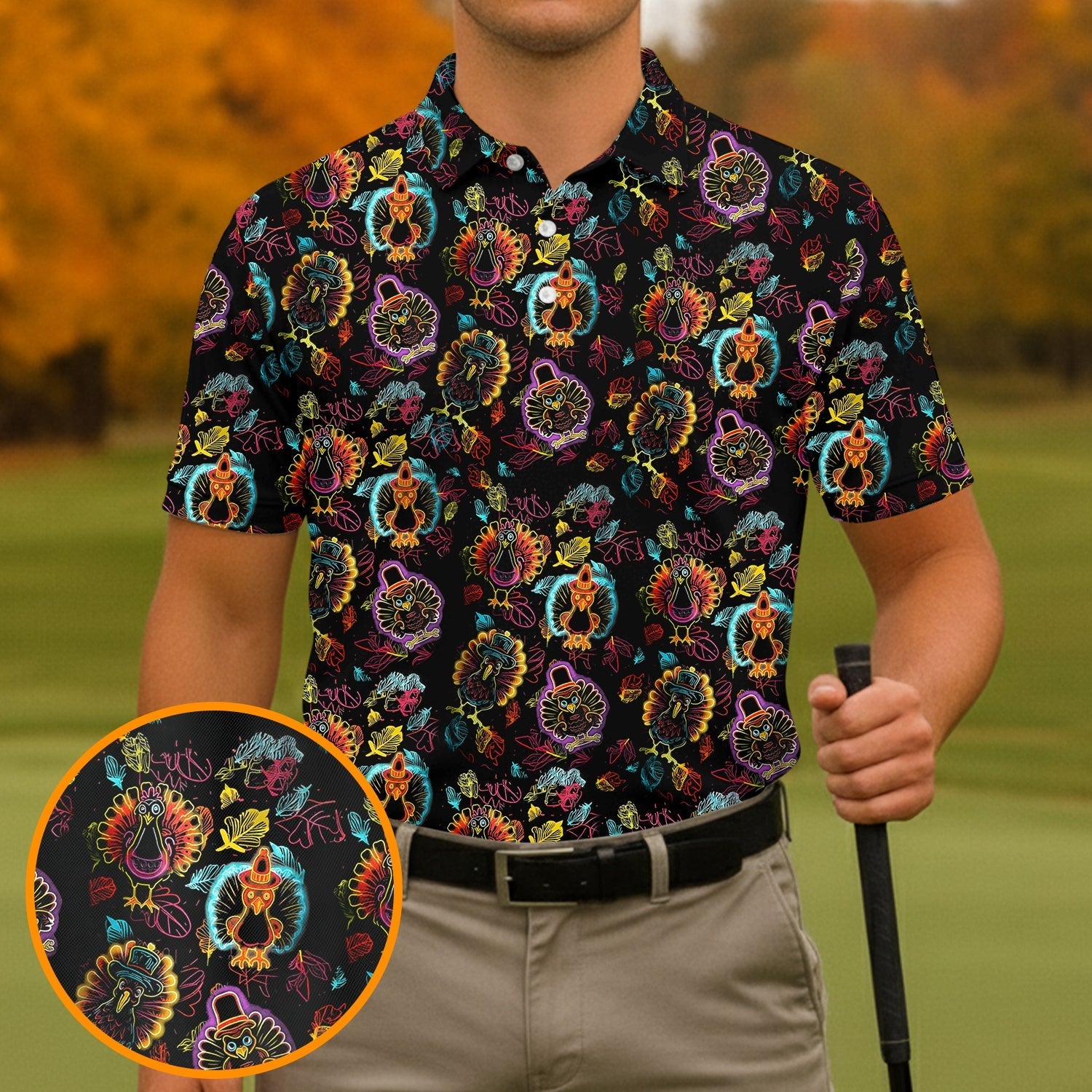 Neon Turkey Thanksgiving Golf Tops For Men, Polo Shirtor Men, Golf Gift For Men, Golfing Apparel