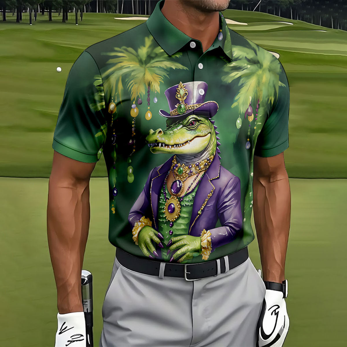 Mardi Gras Alligator Decorated Palm Tree Print Golf Shirt, Polo ShirtFor Men, Golf Shirts For Men