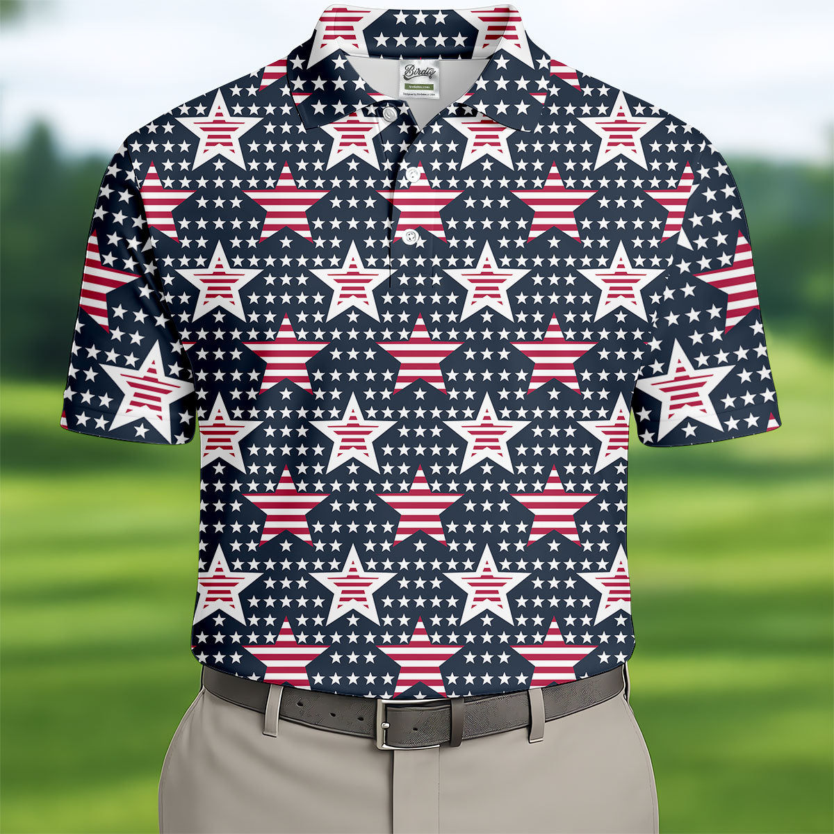 Red And White Stripe Stars Seamless Pattern 250th Anniversary Golf Shirts For Men, Patriotic Golf Shirt